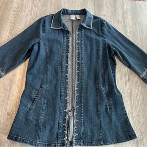 Bleu Bayou Denim Jacket Embellished Rhinestone Trim 3/4 Sleeve Pockets Sz Large.